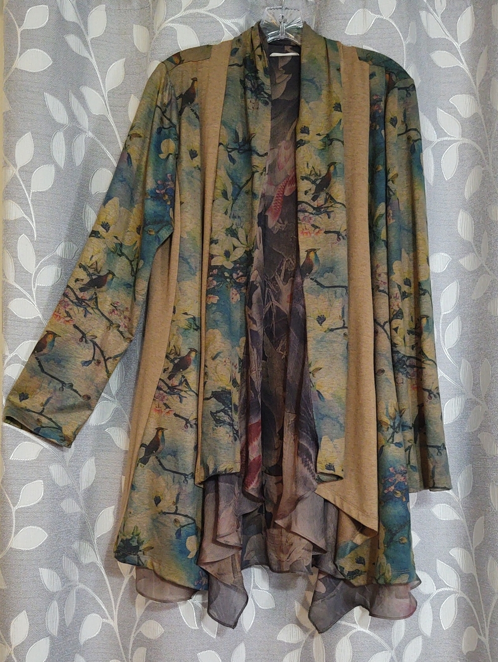 Soft Surroundings Tan and Teal Scenic Print Open-Front Cardigan size M